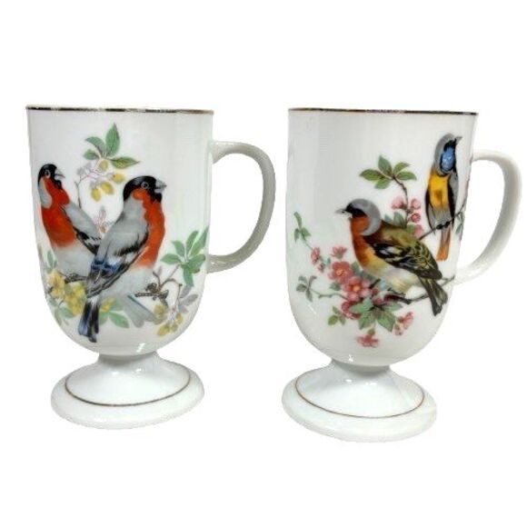Bird Coffee Teacups Cups Mugs Royal Crown Lovebirds Footed Pedestal Cottagecore - Picture 1 of 11